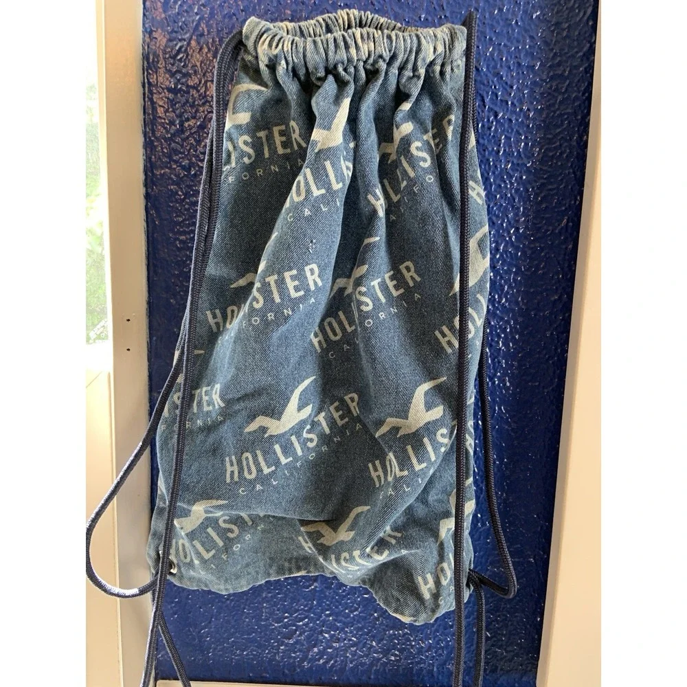 Hollister California Drawstring Backpack Blue Logo Print Cinch Sack Bag School